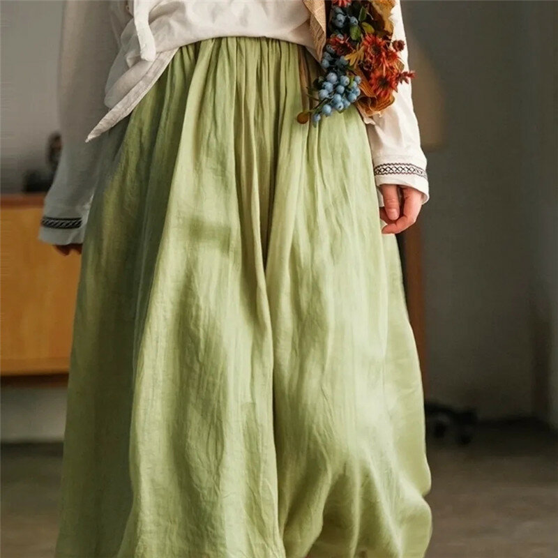สีทึบกระโปรงกระเป๋า Casual ผ้าลินินยืดหยุ่นเอว2023เสื้อผ้าสตรีหลวม All-Match Vintage คุณภาพสูง A-Line กระโปรงใหม่