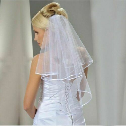 Véu simples do casamento com borda da fita, acessório nupcial elegante duas camadas