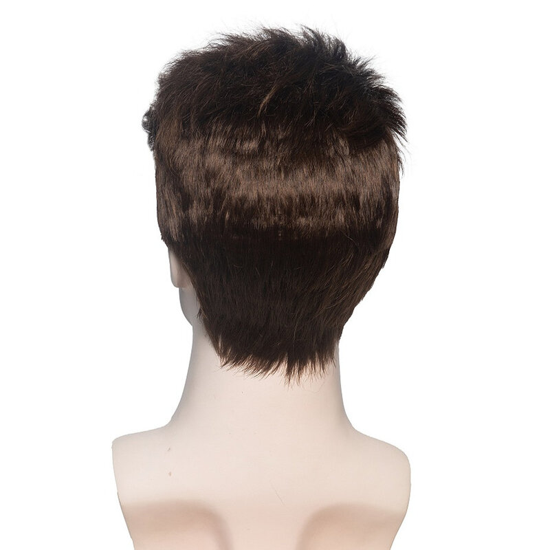 Wig rambut sintetis pendek Pria, Wig pendek untuk pria, rambut lurus pria, Wig Pixie, potongan coklat, hitam, serat tahan panas