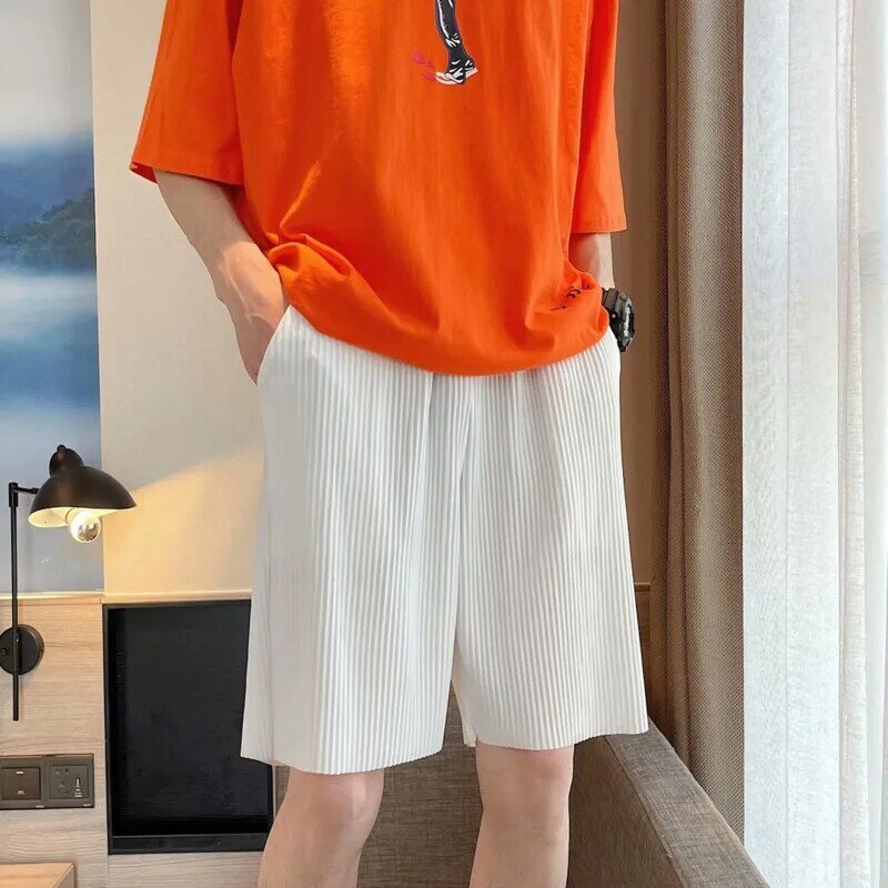 Celana Pendek Berlipat Musim Panas Pria Mode Korea Kasual Celana Pendek Longgar Pria Harajuku Streetwear Sutra Es Lurus Celana Lima Titik Pria