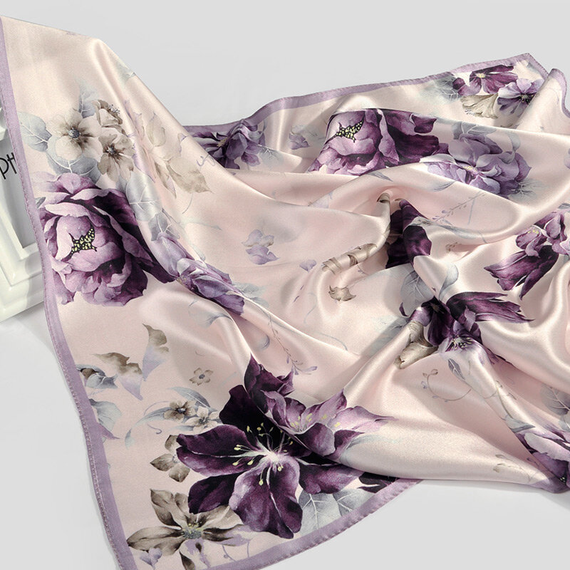Véritable foulard carré en Satin de soie imprimé Floral pour femmes, marque de luxe, Bandana, printemps, 100%