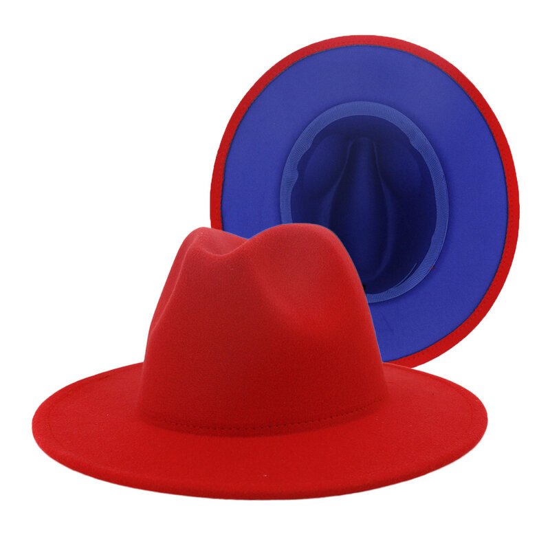 New Royal Blue Red Patchwork Faux Wool Felt Fedora Hats with Thin Belt Buckle Men Women Large Brim Panama Trilby Jazz Cap