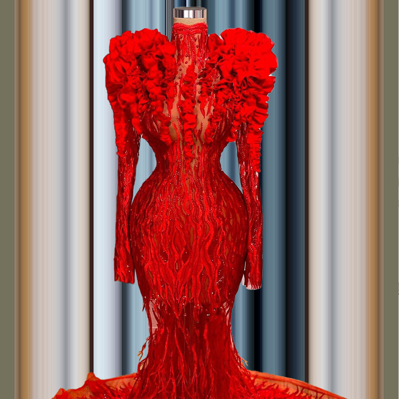 Mermaid Red Evening Dresses Luxury 2024 robe longue soirée Long Sleeves Beaded Lace Ruffles Wedding Party Gown vestidos de noite