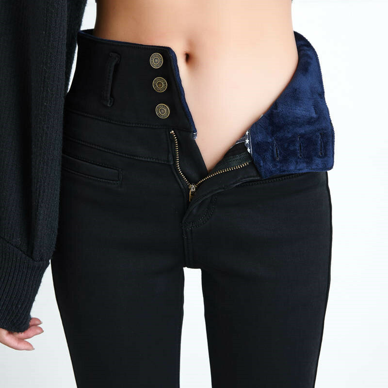 Nova cintura alta veludo densamente jeans feminino inverno magro estiramento calças de brim quentes mãe calças jeans preto com lã p125