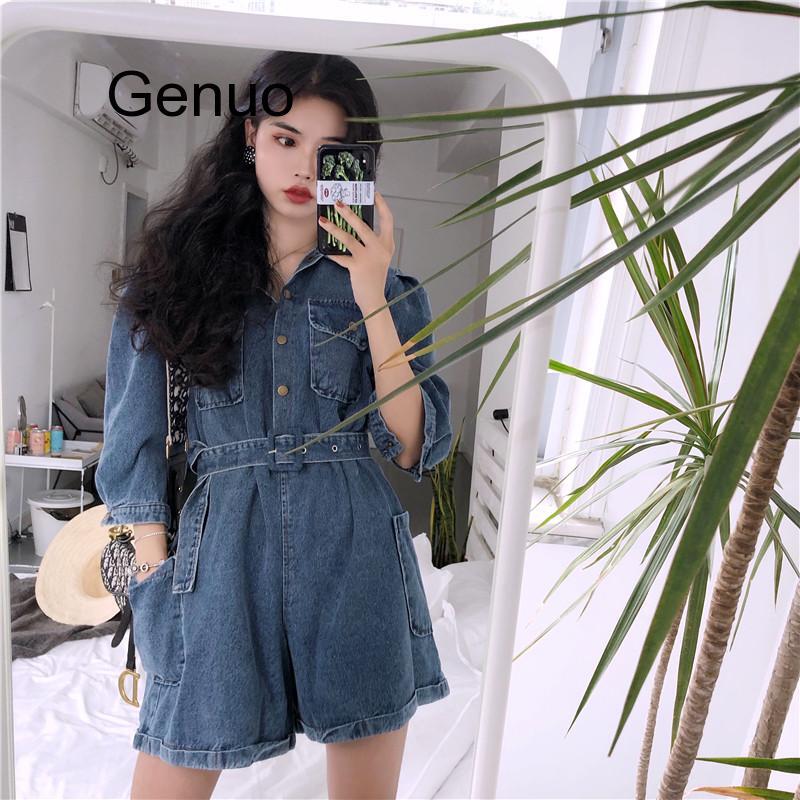 Women Denim Jumpsuits & Rompers 2020 Summer New Arrival Casual Fashionable Loose Short Wide Leg Pants With Belt Jean Playsuit