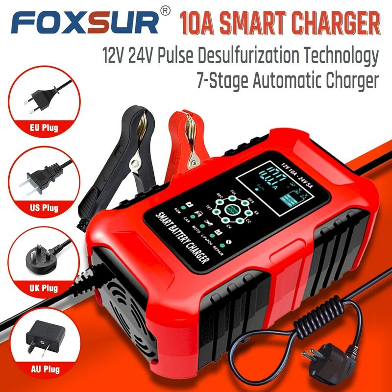 FOXSUR-Chargeur de batterie pour voiture et moto, 12V, 10A, 24V, 5A, support en gel AGM, veFePo4, plomb, acide, réparation automatique des impulsions, déLongues ateur rapide