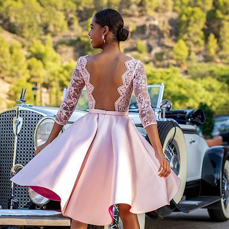 Short Pink Homecoming Dresses 2021 3/4 Sleeve V-Neck Satin Lace Appliques Graduation Party Prom Gown Knee Length Illusion Back