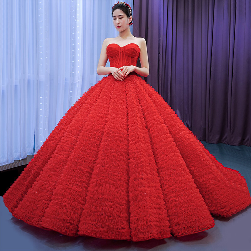 فستان رسمي للحوامل من التل فستان سهرة أنيق للحفلات الراقصة طويل منفوش أحمر سجادة للحفلات المسائية