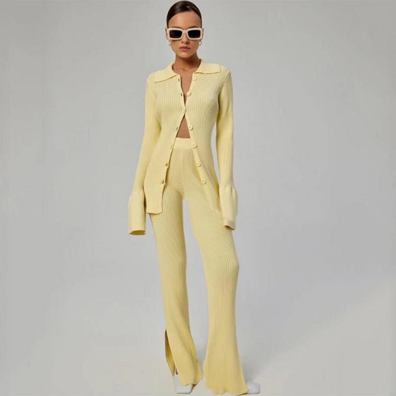 Set di due pezzi Slim 2 lavorato a maglia da donna di alta qualità 2022 primavera Sexy V a maniche lunghe con bottoni Top + pantaloni vestito Casual