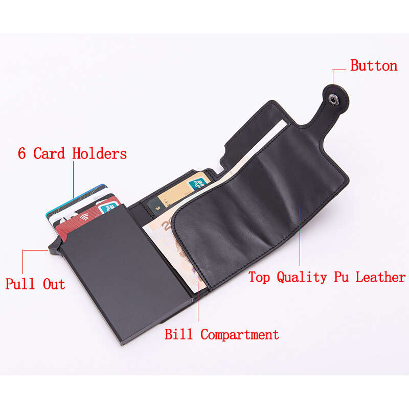 Portefeuille en cuir noir pour hommes, porte-cartes de crédit, métal aluminium, Auto Pop-up, blocage RFID, étui pour cartes d'identité, porte-monnaie
