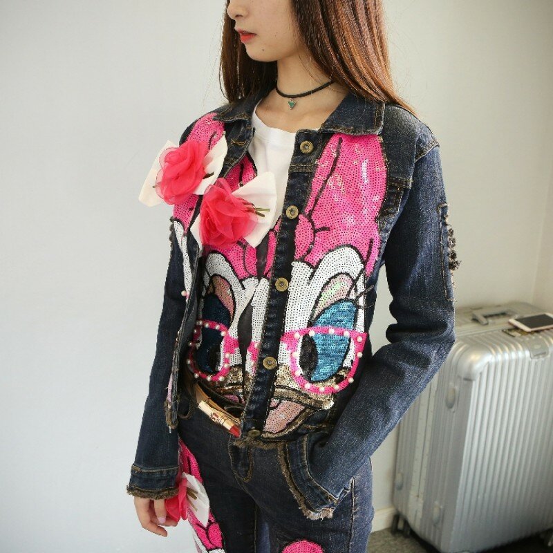 High Street Women Slim Fit Denim Two Piece Set Cartoon Sequins Bling Skinny Jeans Suits Short Jacket Hole Ripped Matching Sets