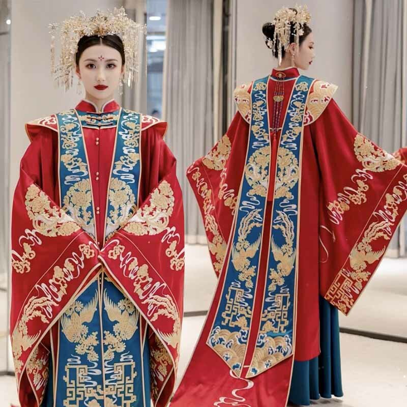 Hanfu chino tradicional para boda, traje rojo de novio, bordado delicado de cola larga, cuello alto, trajes de pareja