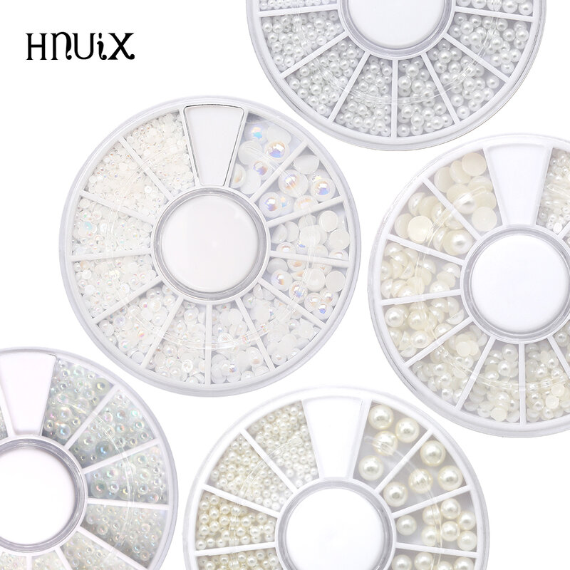 Hnuix-ネイルチップ,ホワイトミックス,ハーフパール,3Dビーズ,ラインストーン,装飾,美容院,マニキュアアクセサリー