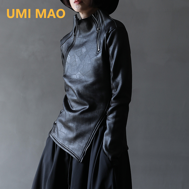 UMI MAO Sweter Kulit Imitasi Ritsleting Diagonal Kerah Berdiri Tidak Beraturan Gaya Yamamoto Gelap Jaket Gotik Hitam Keren Wanita Y2K