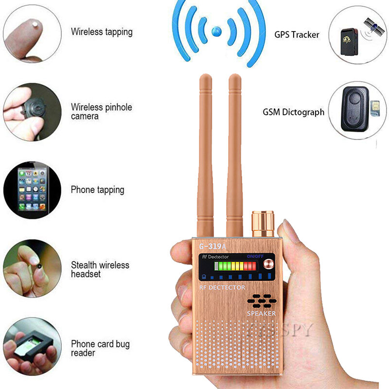 Detector de señal RF de antena Dual para cámara oculta, dispositivo inalámbrico de Audio, Bug, GPS, buscador de dispositivos GSM, escáner antiespía