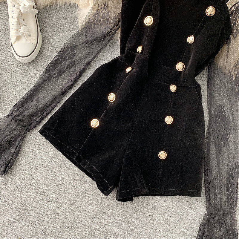 Two Set Autumn Long Sleeve Lace Embroidery Shirt Women Double Breasted Playsuits Slim Velvet Jumpsuits Female Bodysuit Suit 2056