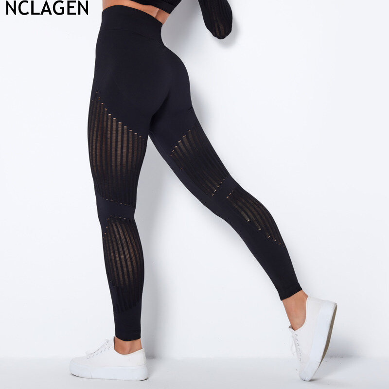 NCLAGEN-Leggings de cintura alta sem costura feminina, calças esportivas, fitness, prova de agachamento, ginásio, corrida, ioga, respirável, malha, calças justas de treino sexy
