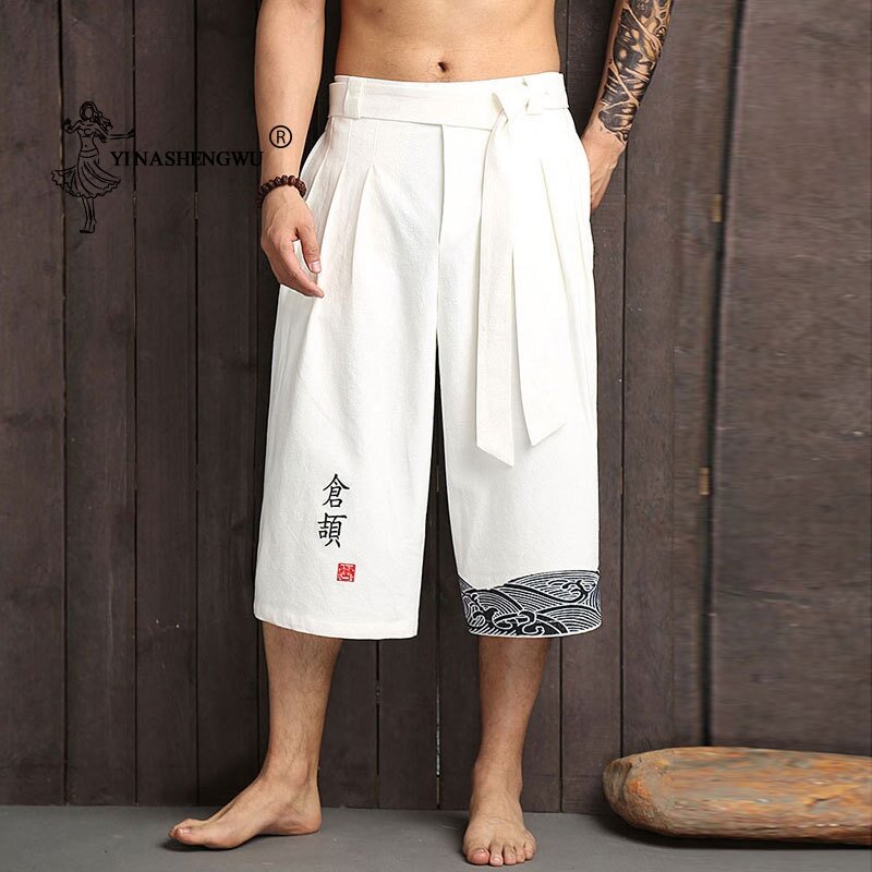 Kimono japonês masculino calça tradicional, calça de banho asiática, calça masculina solta casual, estilo japonês Yukata, calça de linho cortada, asiática