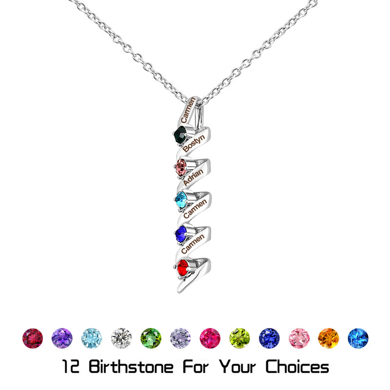 Personalized Names Necklace with Birthstone Silver Spiral Pendant Necklace Custom Kids name Necklace Mothers Day Gift
