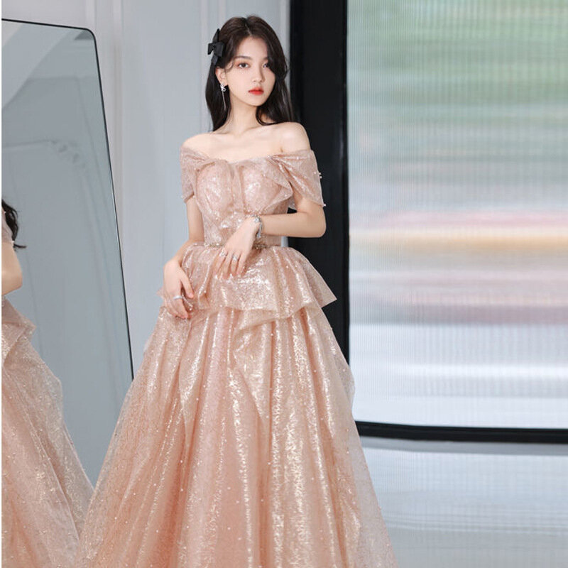 Women's Formal Evening Dresses Square Collar and Off Shoulder Sleeveless Gentle Banquet Gowns Floor-Length Birthday Party Dress