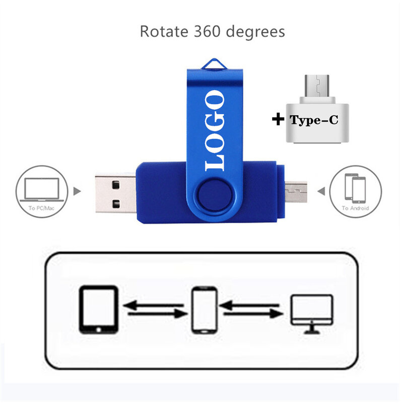 Otg-metal usb flash drive com rotação de 360 °, 3 em 1, tipo c, alta qualidade, memory stick com impressão do logotipo, 16gb, 32gb, 4gb, 64gb