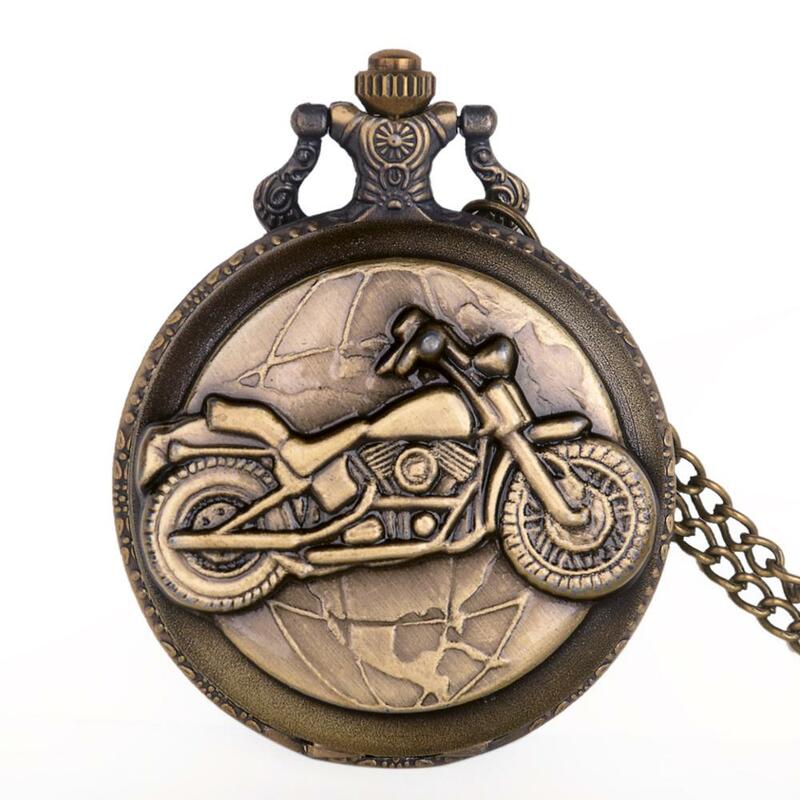 Bronze Motocicleta Relógio De Bolso, Colar Vintage, Corrente Pingente, Moto Quartz, Presentes Unisex