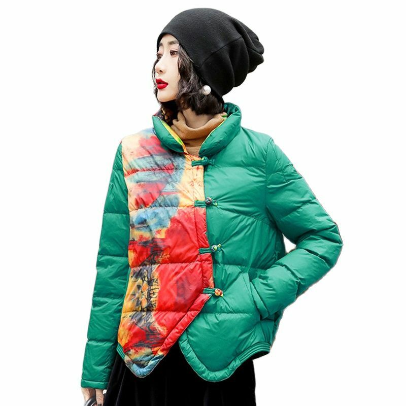 Зимнее пальто на утином пуху с винтажным принтом, женские короткие приталенные куртки, осенние модные повседневные базовые парки