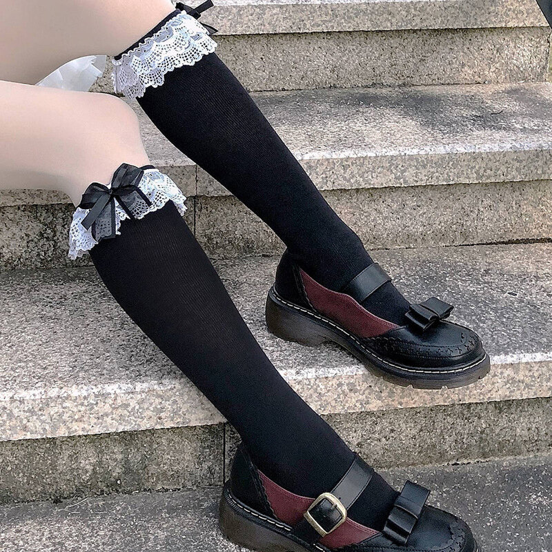 JK Loli-Calcetines de encaje con lazo para mujer y niña, hasta la rodilla, negros y blancos, regalo, calcetines de lazo, accesorios de disfraces de Cosplay