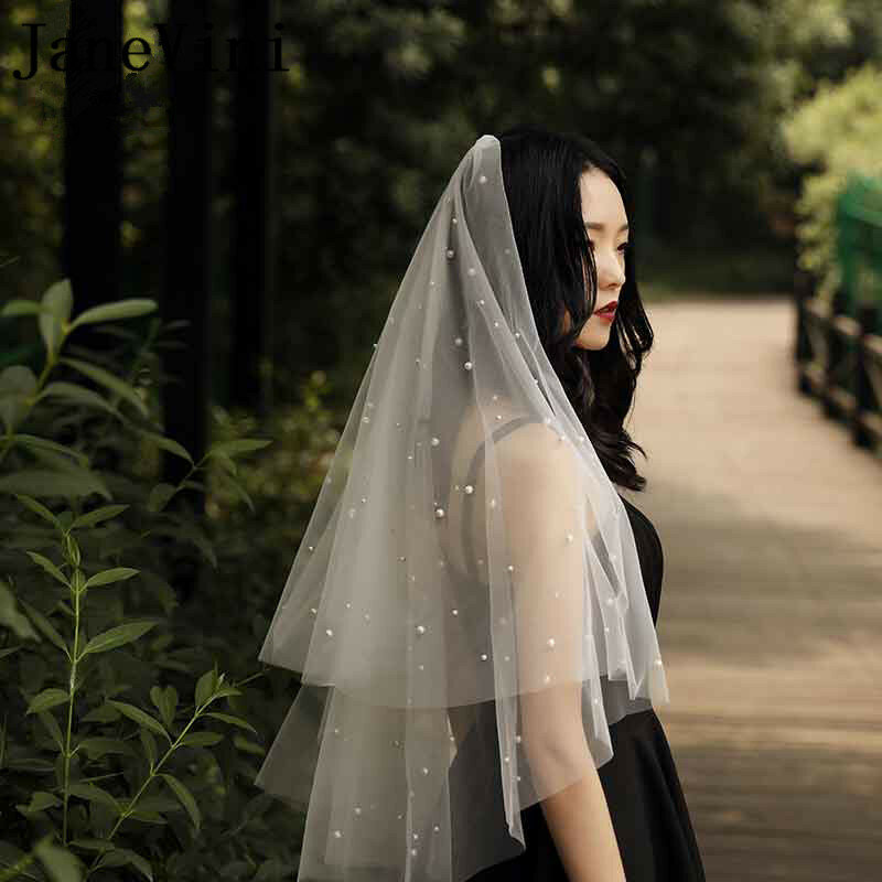 JaneVini 2020 modny krótki welon slubny z perłami Ivory 1.5M dwie warstwy Tulle Bride to be Veil akcesoria dla nowożeńców bez grzebienia