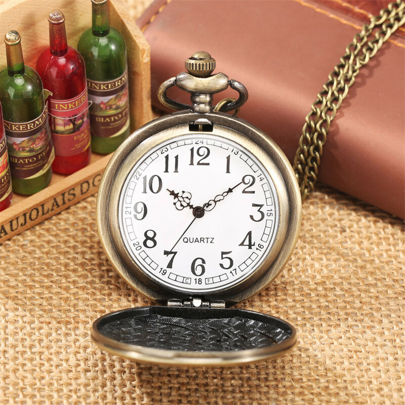 오키드 잔디 릴리프 목걸이 시계 남자 여자 쿼츠 포켓 시계, 아라비아 숫자 화이트 다이얼 청동 체인 포켓 펜던트 시계