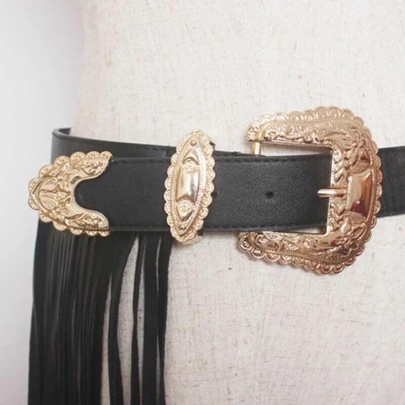 Cinturones Negros de diseñador con flecos largos para mujer, borlas largas de piel sintética, hebilla de doble Pin dorado, cinturón de moda
