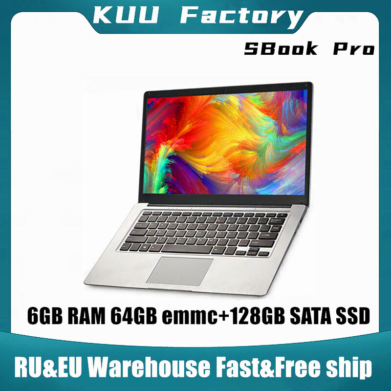 KUU SBooK Pro 14.1 calowy Laptop do Intel N3350 czterordzeniowy Laptop 6GB RAM 64GB eMMC 128/256SSD lekka, cienka Notebook do gabinetu