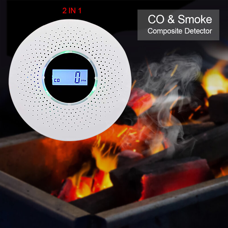 2 in 1 Digital Gas Smoke Alarm CO Carbon Monoxide Detector Voice Warn Sensor Home Security Protection