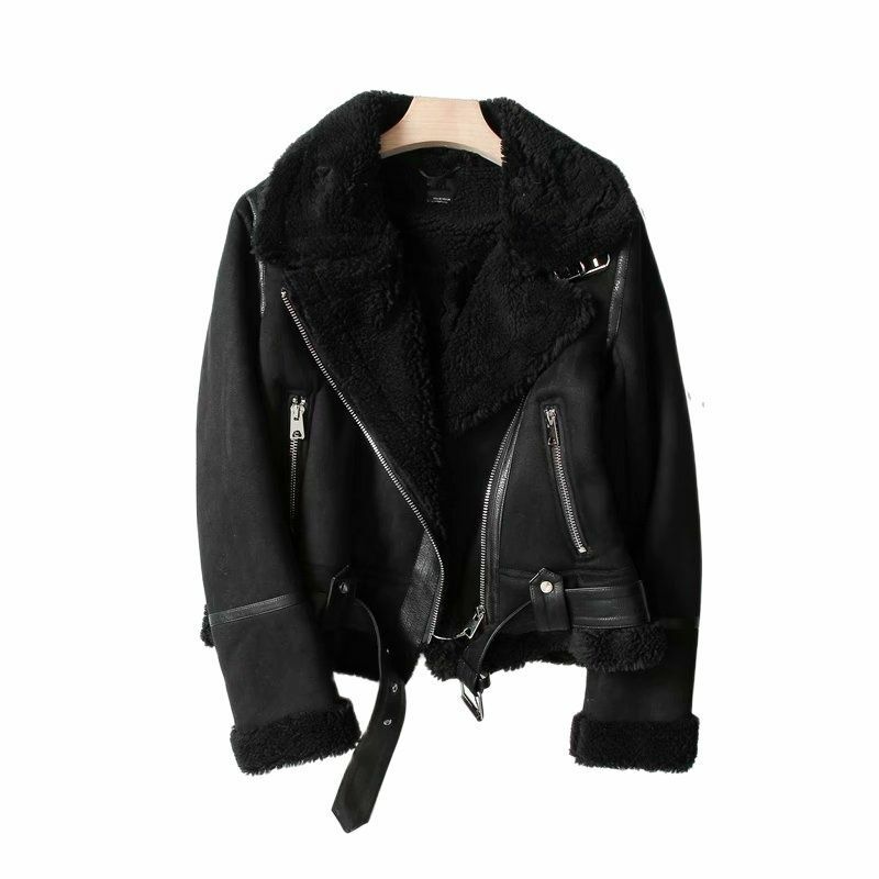 Women Winter Faux Shearling Sheepskin Fake Leather Jackets Lady Thick Warm Suede Lambs Motorcycle Brown Coats Mujer Chaqueta