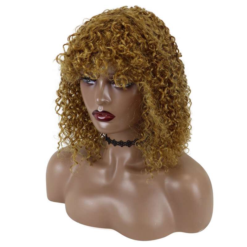 Pelucas de cabello humano rizado con flequillo para mujer, peluca de cuero cabelludo hecha a máquina, pelo corto brasileño Remy