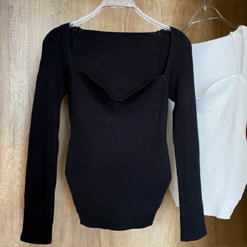 Sexy Square Collar Knitted Women Sweater Ladies Winter Fashion Korean Harajuku Slim Long Sleeves Solid Pullovers Sweater Tops