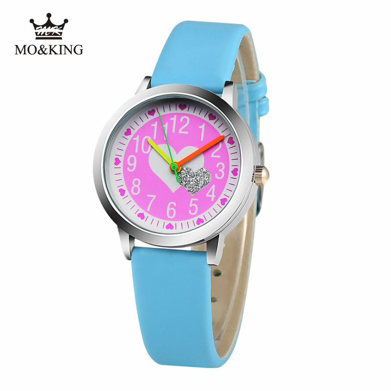 Relojes bonitos de cuero para niños y niñas, relojes de pulsera con luz, informal, púrpura, brillante, amor, cuarzo, gran oferta