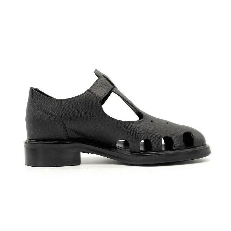 2019 novos homens retro estilo t fivela sandálias de verão qualidade superior couro genuíno pista bloco saltos sapatos oco para fora vestido sapatos