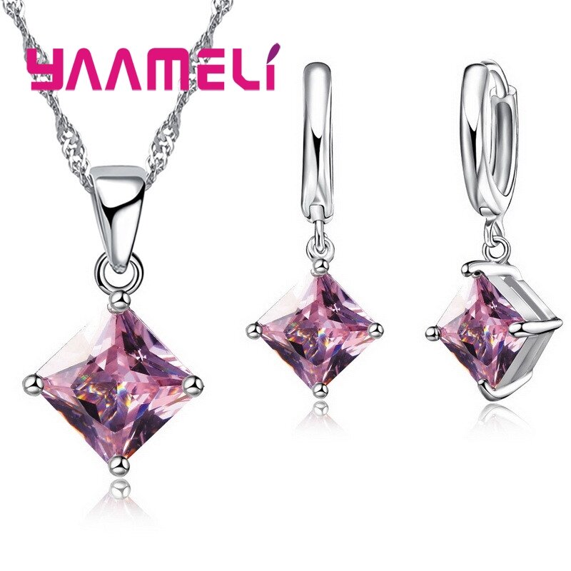 New Fashion Women Pendants Necklace Simple Geometry Square Earrings Crystal 925 Sterling Silver Jewelry Sets for Wedding