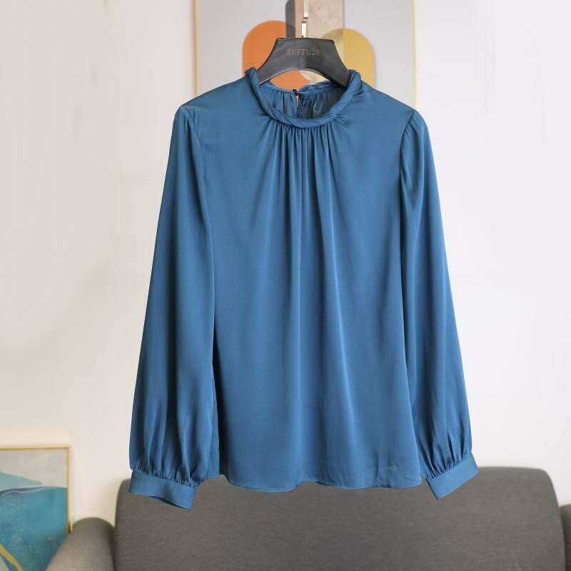 Blusa de seda feminina casual 2 cores, camisa de manga longa com gola redonda, em seda 90%