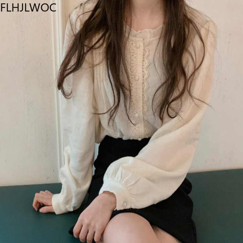 2021 Musim Semi Baru Chic Korea Atasan dan Blus Wanita Rapi Gaya Jepang Desain Patchwork Renda Single Breasted Tombol Kemeja