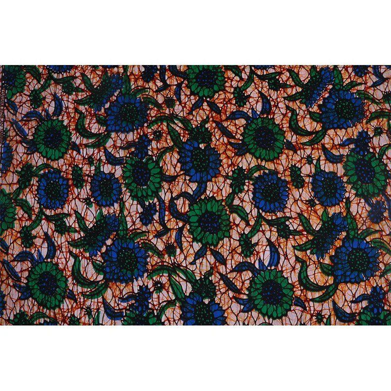 African Fabric African Blue & Green Flowers Print Fabric Wax Real Wax