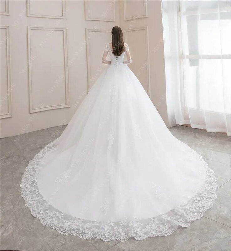 Vestido de noiva luxuoso manga cheia com trem para a noiva, vestidos clássicos princesa, sexy V-Neck, vestido de baile, novo, 2023
