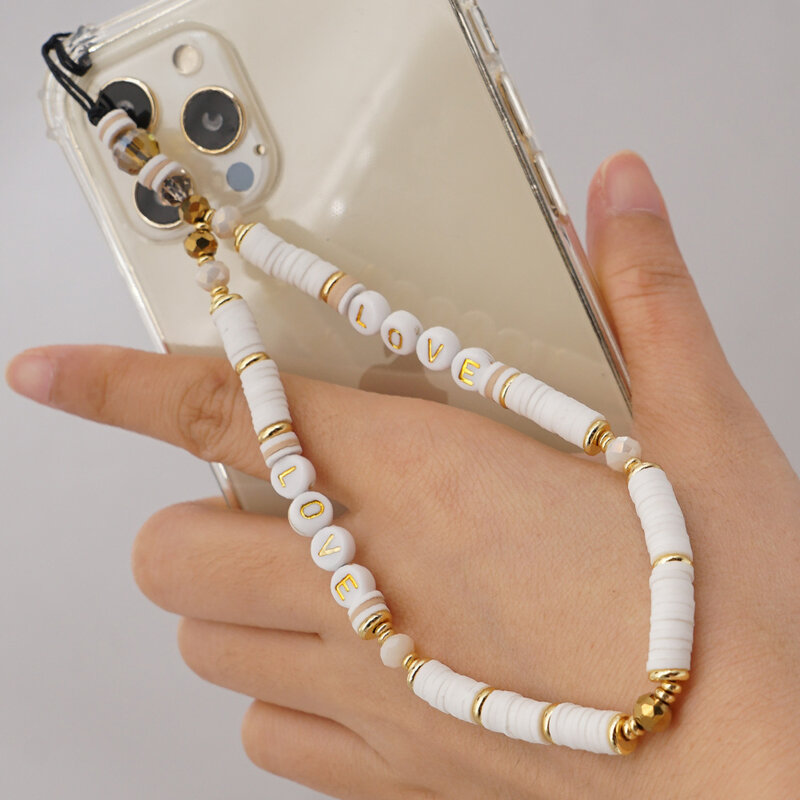 Minimalistyczny czeski glina polimerowa pasek do telefonu komórkowego dla kobiet Rainbow koraliki z literami miłość łańcuszek pasek telefon biżuteria smycz nowy