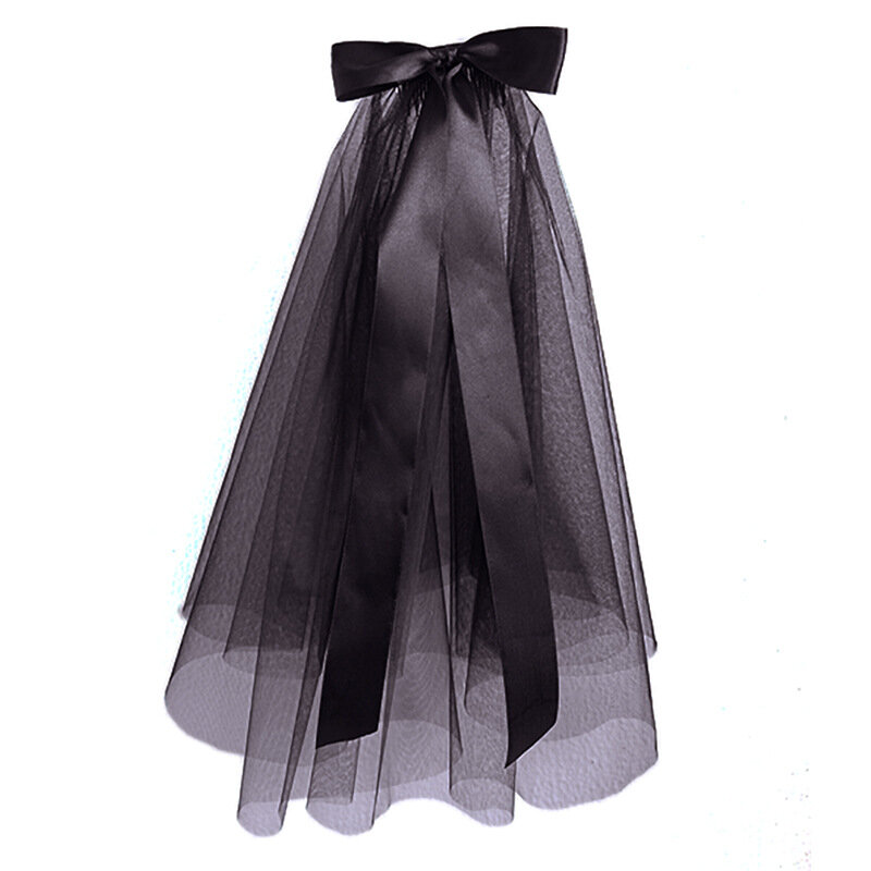 Véu nupcial de fita preta para mulheres, tule, cosplay de Halloween, véus de duas camadas com pentes