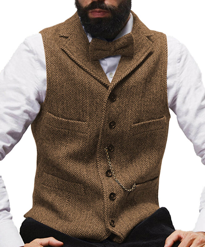 Chaleco de traje de lana con cuello en V para hombre, solapa, espiga, informal, Formal, negocios, Groomman, boda, verde, burdeos, marrón