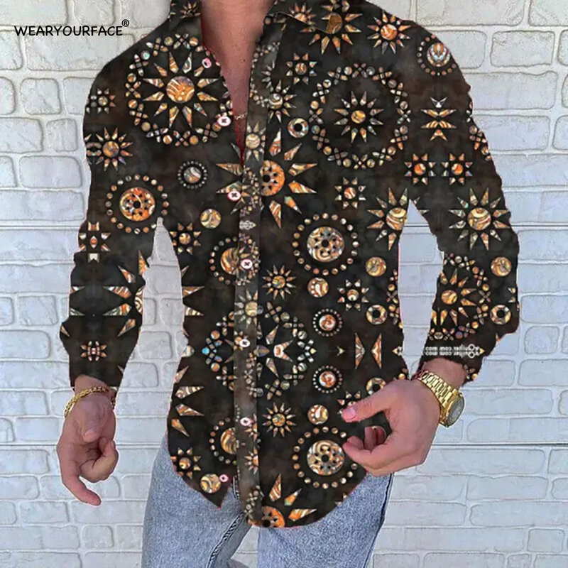 Antigo padrão de tempo 3d todo impresso havaiano botão up camisas manga cheia streetwear vocação casual roupas masculinas