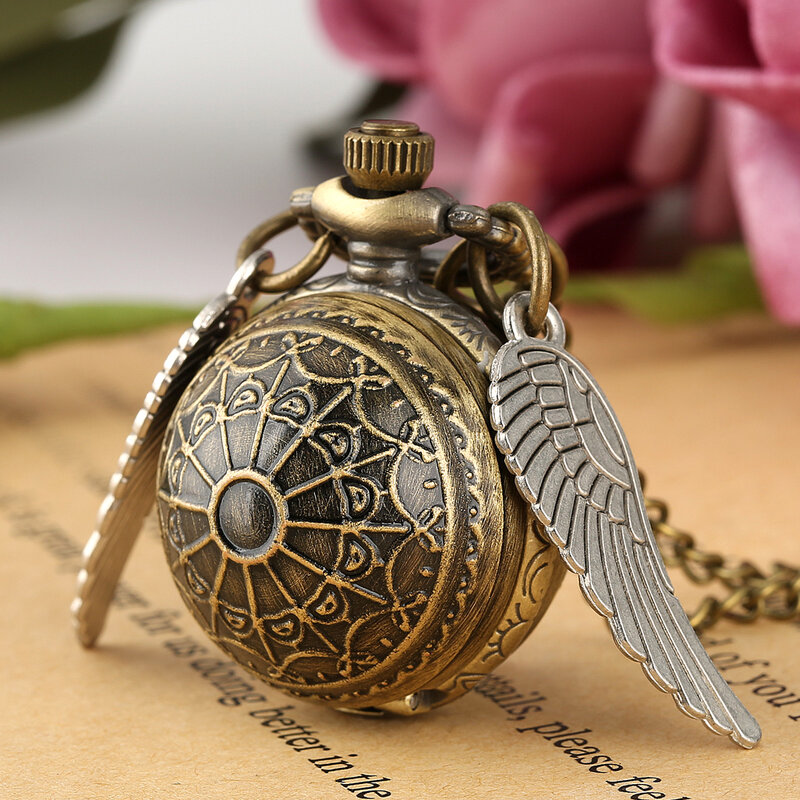 Brązowy zegarek kieszonkowy kwarcowy pierzaste skrzydło wisiorek zegarki luksusowe Vintage Fob zegar łańcuszek na szyję na prezent dla kobiet mężczyzn Dropshipping