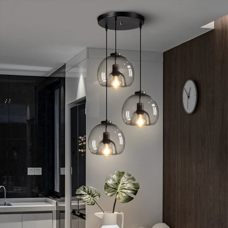 Минималистичная Люстра для столовой, гостиной, спальни, прикроватной тумбочки, маленькие подвесные лампы с 1/2/3 насадками, дымчато-серая стеклянная лампа E27