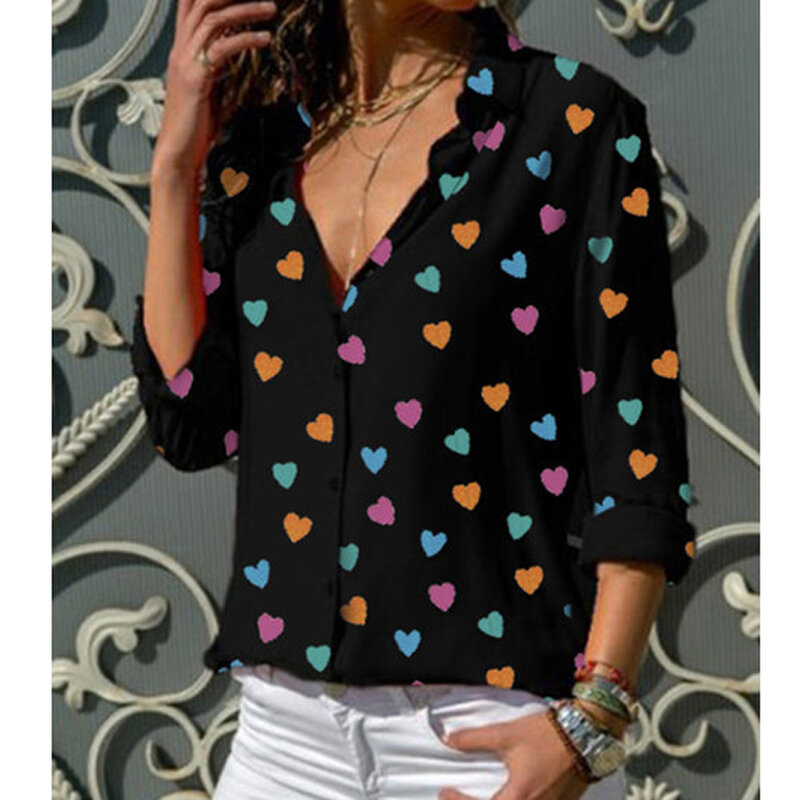 Blusa feminina com estampa de coração gola v, camisa para mulheres primavera verão tamanho extra 3xg branco e azul